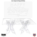 16"x24" rectangle acrylic raised pastry stand in clear acrylic with laser engraved happy birthday